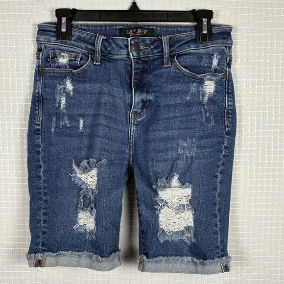 Judy Blue Pants - Judy Blue Jean Shorts Womens Medium Stretch Bermuda Distressed Tummy Control